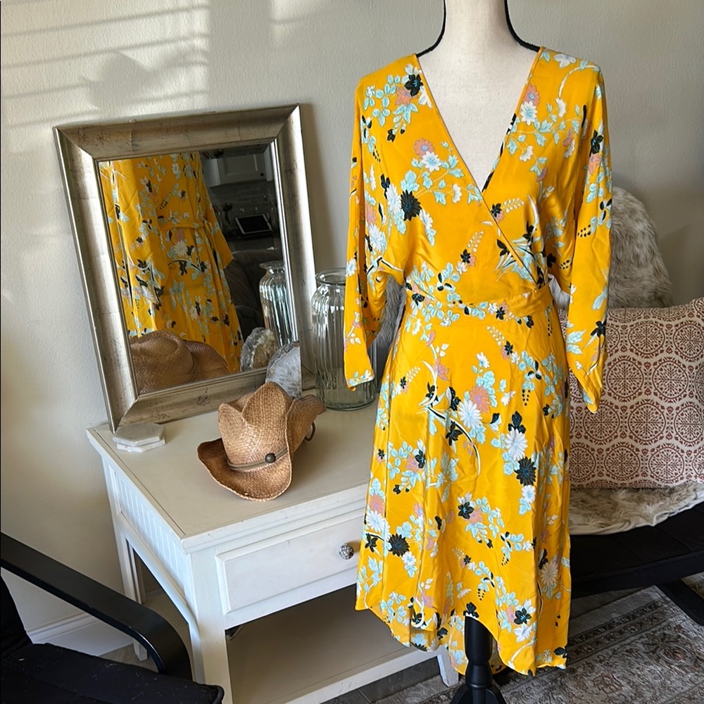 Diane Von Furstenberg Mustard Floral Wrap Midi Dress